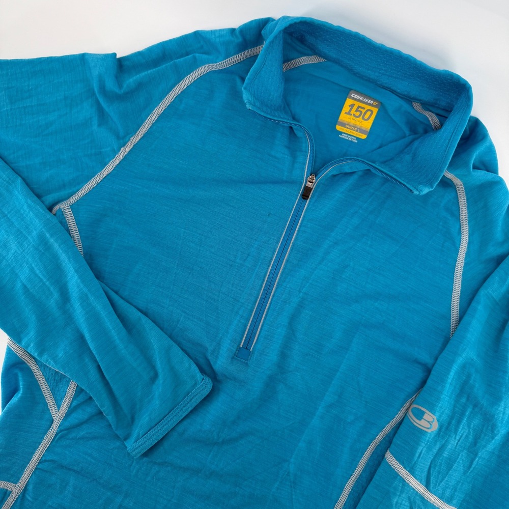 Icebreaker GT 150 Half Zip Top Women L Blue Merino Wool Base Layer Pullover Ski